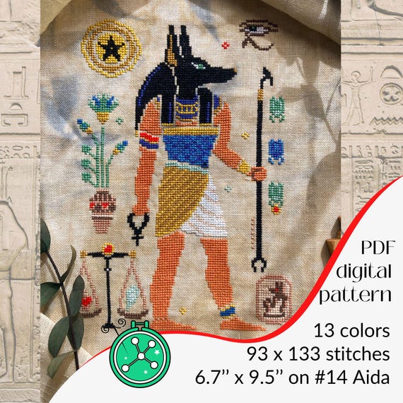 Anubis cross stitch pattern/ Egyptian mythology stitching, Underworld crossstitch chart, deity xstitch design