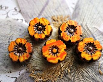 8mm Czech Glass Flower Beads, Yellow Orange Rustic Wash, Jewelry