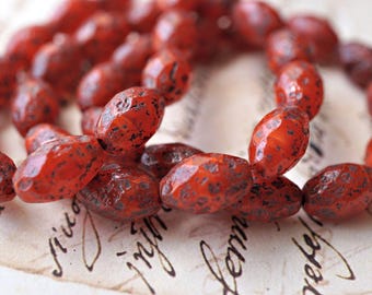 Red Etched Czech Glass Druk Beads, Vintage Style Ovals