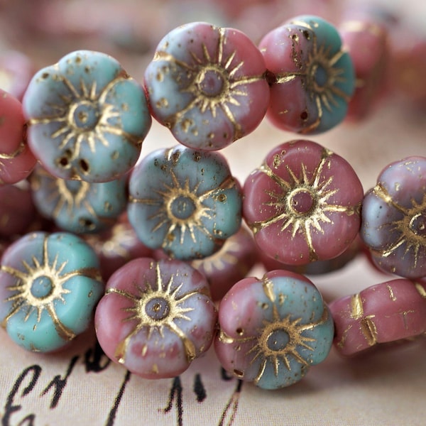 Cuentas de cristal checo con forma de flor, detalles en oro rosa y turquesa, vidrio prensado de 8 mm, para la fabricación de joyas.