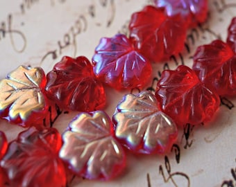 FREE SHIPPING Metallic Red Leaf, Leaf Beads, Czech Beads
