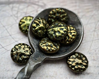 Dahlia Czech Glass Beads, Dark Bronze Metallic Flower Beads (2pcs)