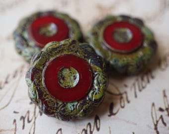 Opal Red Czech Flower Bead, Vintage Style, Jewelry Focal (1pc)