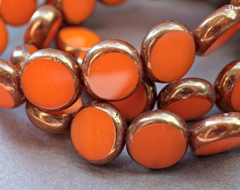 Fiery Red-Orange Czech Glass Coin Beads, Bronze Edge (10mm, 4pcs)
