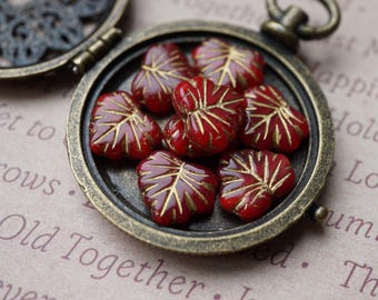 FREE SHIPPING Summer Red, Picasso's Leaf, Leaf Beads, Czech Beads, Beads
