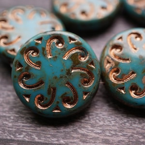 FREE SHIPPING Turquoise Flowers, Coin Beads, Czech Beads, Beads, 187-3, 190-2sa
