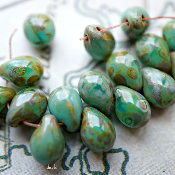 Picasso Green, Teardrop Beads, Czech Beads, Beads, 92-5sb