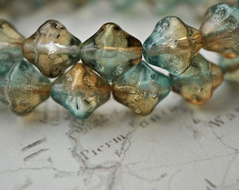 FREE SHIPPING Green and Honey Topaz Turbine, Czech Beads, Beads