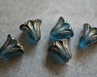 Deep Blue Tulips, Flower Beads, Czech Beads, 170-3sb