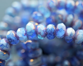 Faceted Czech Glass Rondelle Beads, Light Opal Blue Bronze Accents (3x5 mm)