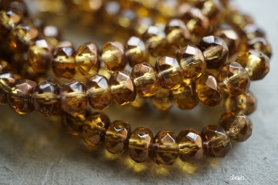 Czech Glass Faceted Rondelle Beads, Transparent Topaz, Lustrous Finish
