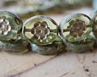 Faceted Oval Czech Glass Beads, Matte Golden Flower, Picasso Edging, 13x5mm