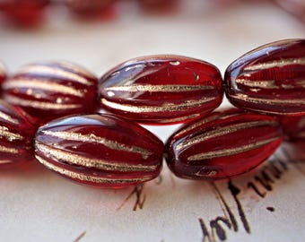 Red Oval Czech Glass Beads with Golden Grooves (14x11mm)