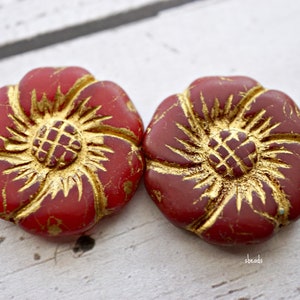 FREE SHIPPING Red Roses, Flower Beads, Czech Beads, 65-2sb