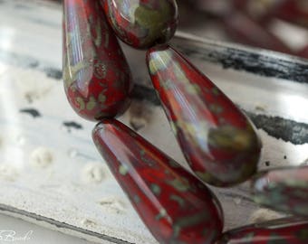 Picasso Red Drops, Teardrop Beads, Czech Beads, 48-1sb