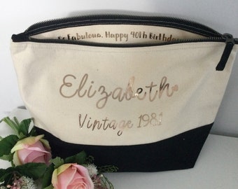 Vintage year bag, Personalised makeup bag, Personalised birthday gift for her 16th 18th 21st 30th 40th 50th 60th 70th 80th, Unique gift her