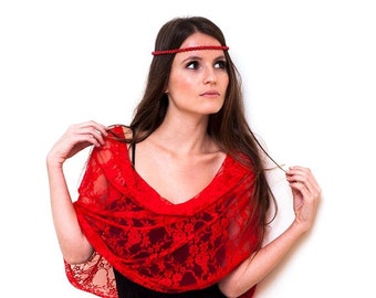 ON SALE- Red Shawl With 4 Wearing Ways- Shawl, Shrug, Crisscross Or Scarf. Christmas Gift For Mom, Lace Infinity Shawl Cover Up