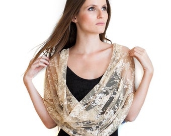 Champagne Lace Loop Shawl With 4 Wearing Suggestions- Shawl, Shrug, Scarf And Crisscross. Elegant Cover Up, Elegant Lace Bolero Shawl