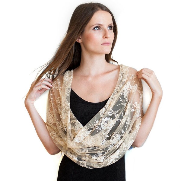 Champagne Lace Loop Shawl With 4 Wearing Suggestions- Shawl, Shrug, Scarf And Crisscross. Elegant Cover Up, Elegant Lace Bolero Shawl