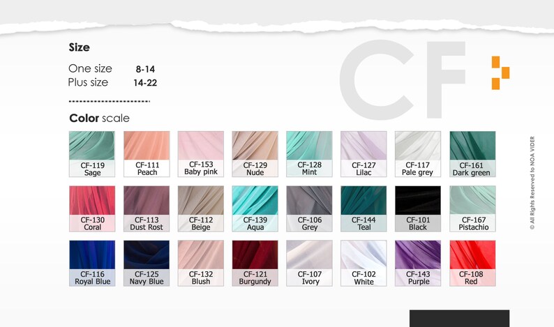 May include: Color scale chart featuring fabric swatches in various colors, including sage, peach, baby pink, nude, mint, lilac, pale grey, dark green, coral, dust rost, beige, aqua, grey, teal, black, pistachio, royal blue, navy blue, blush, burgundy, ivory, white, purple, and red. Sizes 8-14 and 14-22.