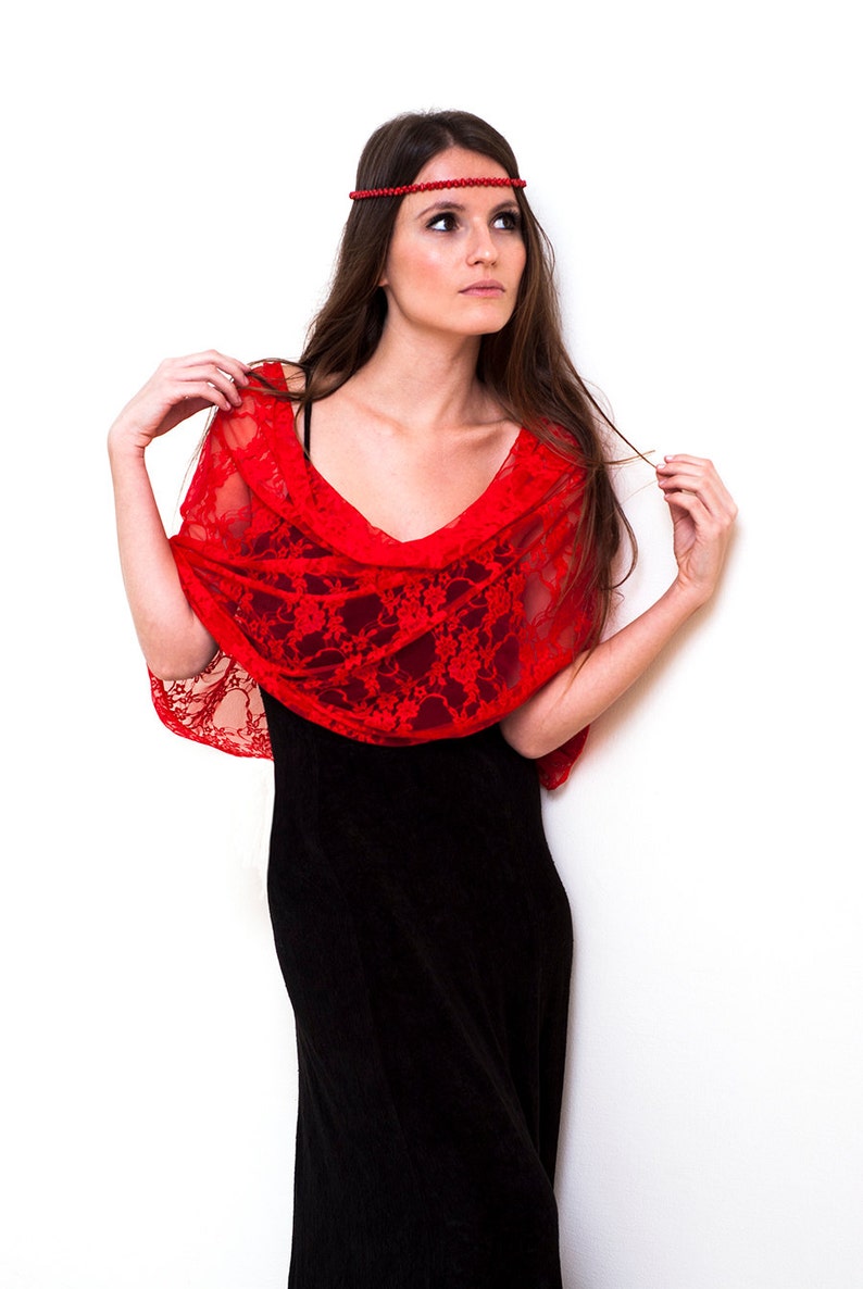red gown with shrug