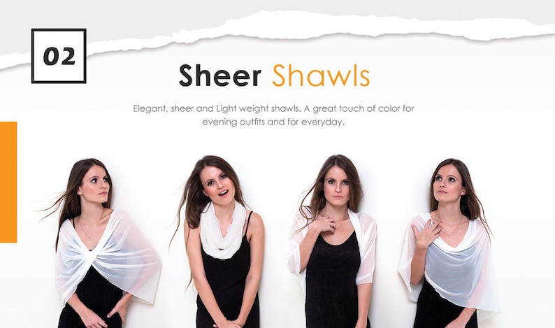 May include: Four women are wearing white sheer shawls in different ways. The shawls are lightweight and elegant. The text "Sheer Shawls" is at the top of the image. The text below reads "Elegant, sheer and Light weight shawls. A great touch of color for evening outfits and for everyday."