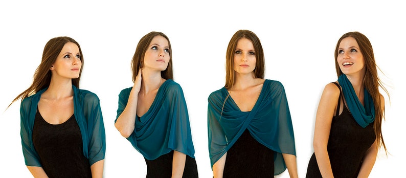 May include: Four images of a woman wearing a teal-colored sheer shawl over a black dress. The shawl is draped in different styles around the shoulders and neck, showcasing its versatility. The background is plain white.