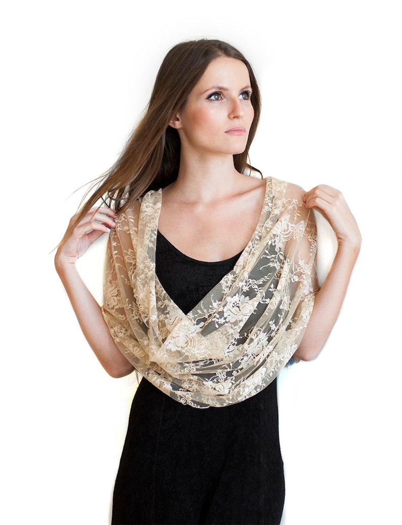 Champagne Lace Bolero Shawl With 4 Wearing Ways- Shawl, Shrug, Scarf And Crisscross. Plus Size , Elegant Champagne Shrug, Prom Lace Bolero