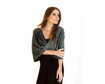 Chal negro brillante con 4 formas de uso: chal, bolero, cruzado y bufanda. Elegante prenda para cubrirse, regalo para ella, accesorio de moda.