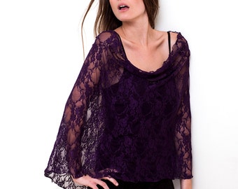 Chal morado de encaje con bucles, chal de encaje con cuatro opciones de uso: chal, bolero, bufanda cruzada e infinita, chal morado, bolero de encaje.