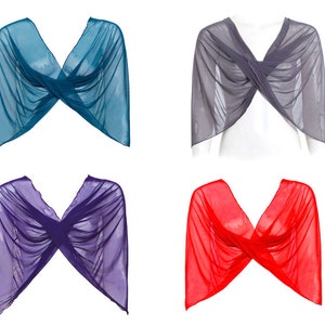 May include: Four sheer scarves in different colors: teal, gray, purple, and red. The scarves are draped over a mannequin's shoulders, showing the criss-cross design.