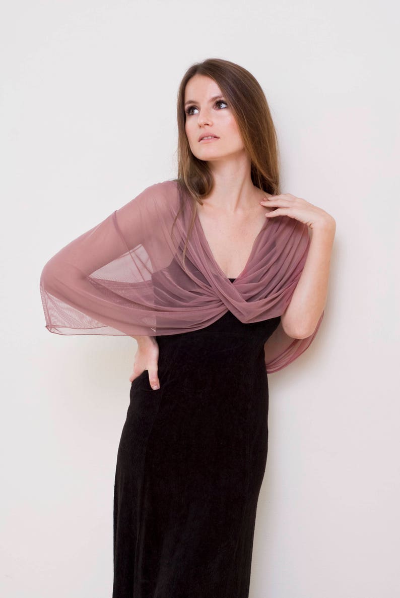 Petite Dust Rose Evening Shawl With 4 Wearing Options- Shawl, Shrug, Infinity Scarf And Crisscross. Elegant Bolero, Petite Sheer Shrug Wrap