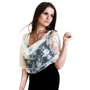 Lace Loop Shawl With 4 Wearing Ways, Ivory Lace Convertible Shawl, Prom Lace Shawl, Cream Top, Off White Lace Shawl, Elegant Lace Bolero