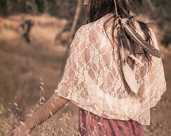 Boho Ivory Lace Loop Shawl, Shrug, Crisscross And Infinity Scarf All In One. Great Birthday Gift For Teen, Girls And Young Women.