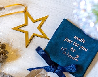 Gold or Silver Star Christmas Tree Decoration | personalised name, message, or in memory keepsake with choice of color ribbon or twine