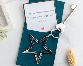 New Home Star Keyring | Housewarming Gift | Gold or Silver Colour | Engraved Heart Keyring | Personalised Heart Keyring | New Home Gift