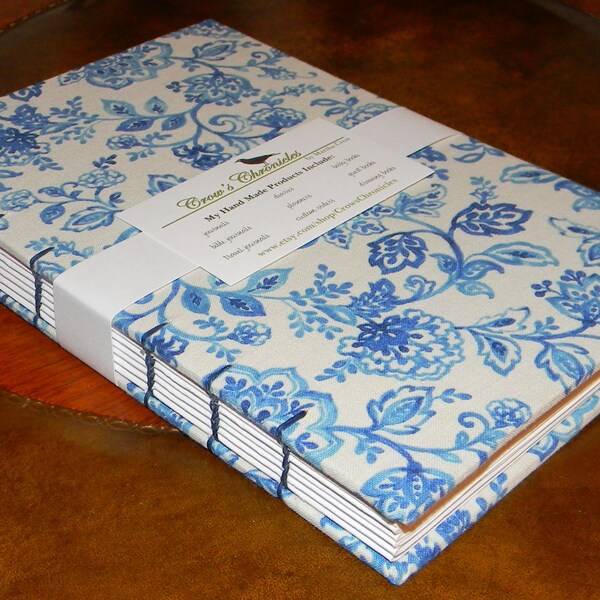 Large Blue & Beige Print Floral Fabric Covered Coptic Stitch Bound Lined Journal 6x9 inch