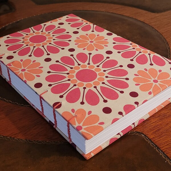 Large LINED Orange & Pink Retro Geometric Mandala Print Fabric Hardcover Coptic Stitch Bound Journal 6x9 inch