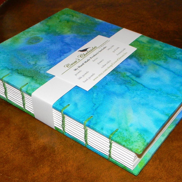 SALE!!  Medium LINED Blue & Green Batik Print Handmade Coptic Stitch Bound Bullet Journal 6x9 inch