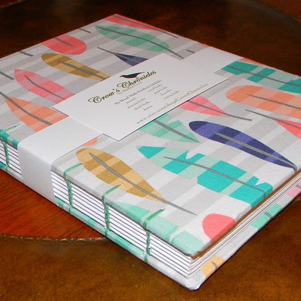 SALE!!  Medium Colorful Feathers Print Handmade Coptic Stitch Bound Lined Journal 6x8 inch