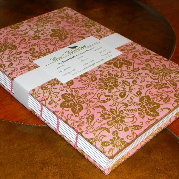 Medium Pink & Gold Floral Print Fabric Covered Coptic Stitch Bound Lined Journal 6x8 inch