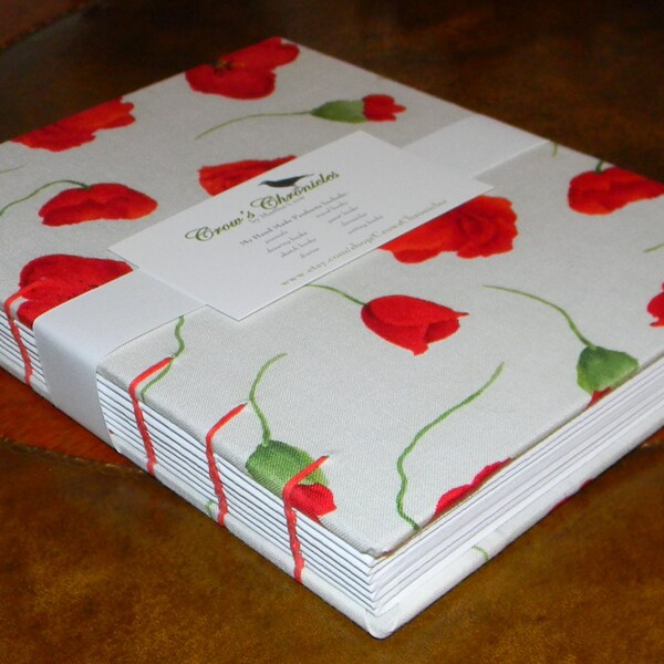 Medium Red & White Poppies Floral Print Fabric Covered Coptic Stitch Bound Lined Journal 6x8 inch