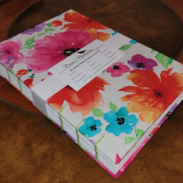 Large BULLET Bright Floral Watercolor Print Fabric Hardcover Coptic Stitch Bound Journal 6x9 inch