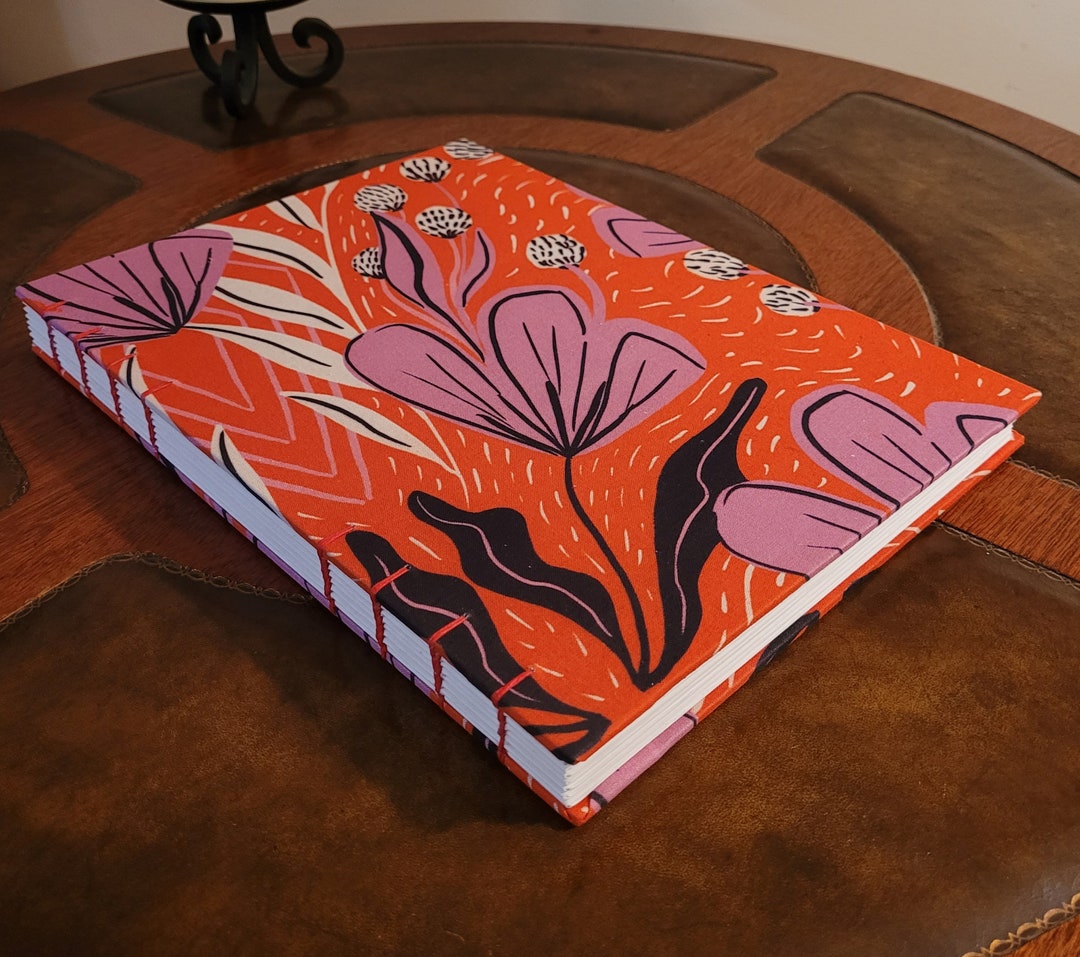 Extra Large UNLINED Orange & Pink Floral Print Fabric Hardcover Coptic
