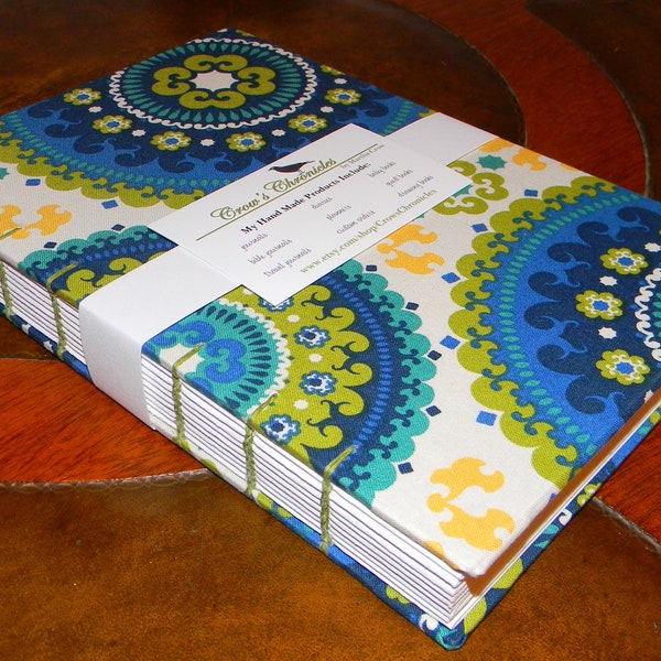 Large BULLET Blue & Green Circle Print Fabric Hardcover Coptic Stitch Bound Journal 6x9 inch