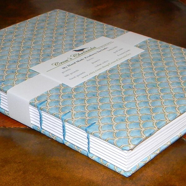 Large Teal Scallop Print Fabric Covered Coptic Stitch Bound Lined Journal 6x9 inch