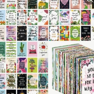 May include: A stack of colourful greeting cards featuring motivational quotes and floral patterns. The cards display phrases such as "Thank you for your dedication" and "You're awesome!" The cards are on a white background.