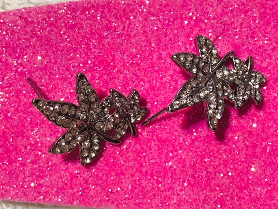 Vintage Rhinestone Maple Leaf Stud Earrings - image 1