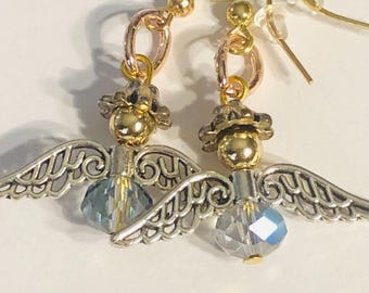 ANGEL EARRINGS. crystal beads and silver tone wings HANDMADE
