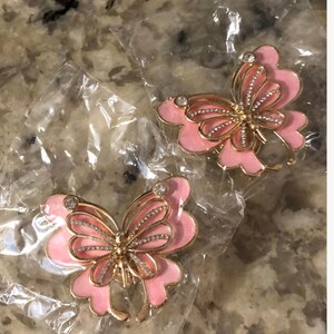 BUTTERFLY drawer knobs, cupboard knobs. Pink Enamel gold accent. Set of 2.